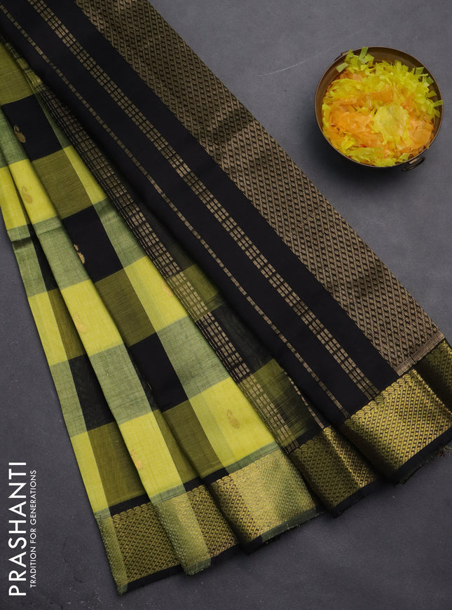 Silk cotton saree lime yellow and black with allover paalum pazhamum checks & buttas and zari woven border