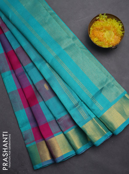 Silk cotton saree pink and teal blue with allover paalum pazhamum checks & buttas and zari woven border