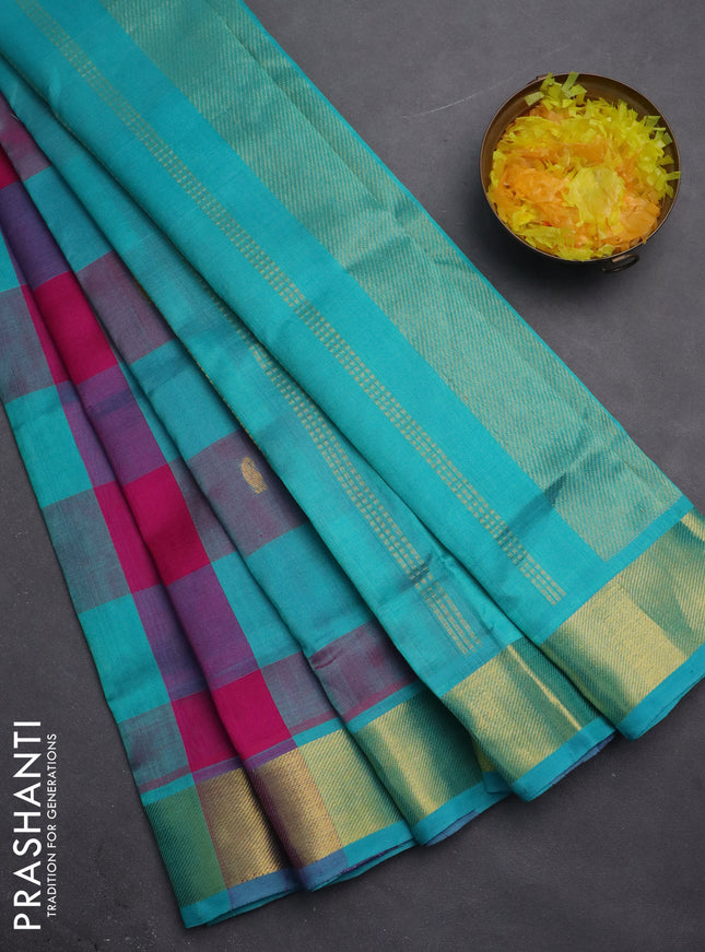 Silk cotton saree pink and teal blue with allover paalum pazhamum checks & buttas and zari woven border