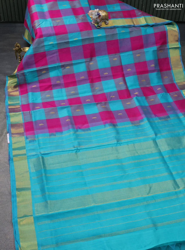 Silk cotton saree pink and teal blue with allover paalum pazhamum checks & buttas and zari woven border