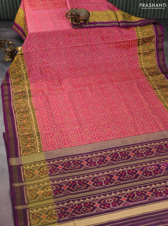 Rajkot patola silk saree peach pink and purple with allover ikat weaves and ikat woven zari border