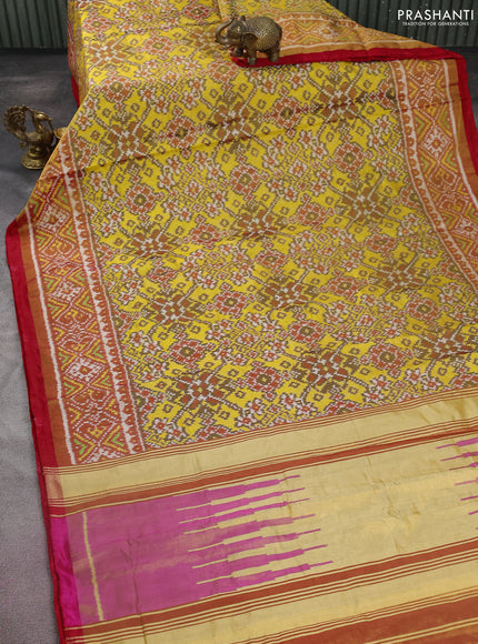 Rajkot patola tissue silk saree yellow and red with allover ikat weaves and ikat woven zari border