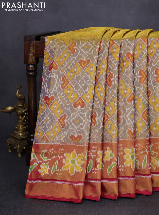 Rajkot patola tissue silk saree dual shade of grey and dual shade of maroon with allover ikat weaves and ikat woven zari border