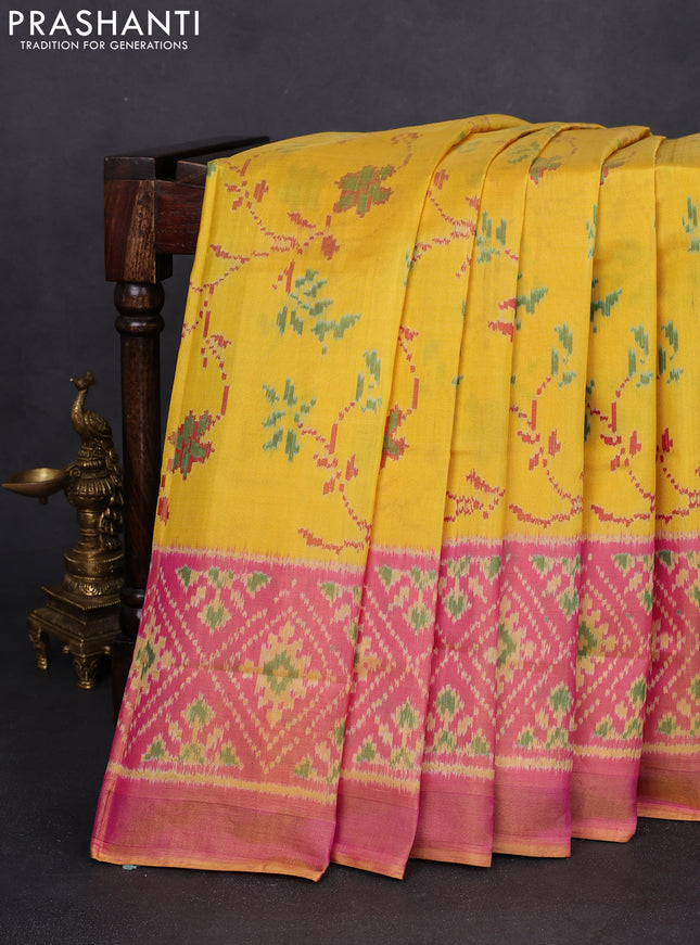 Rajkot patola silk saree yellow and dual shade of pink with allover ikat weaves and ganga jamuna border