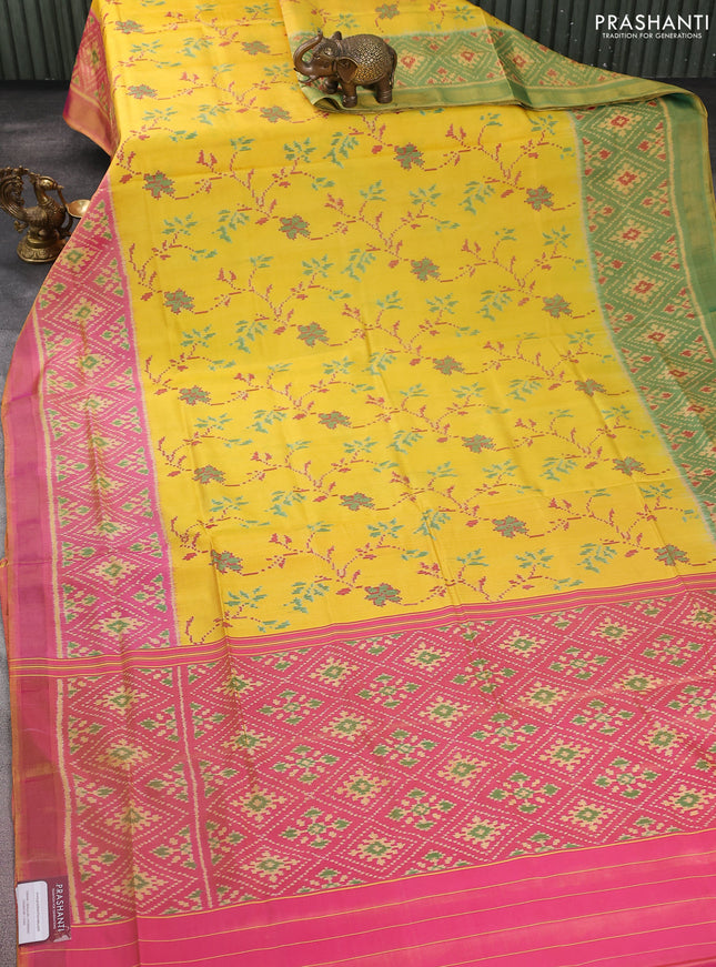 Rajkot patola silk saree yellow and dual shade of pink with allover ikat weaves and ganga jamuna border