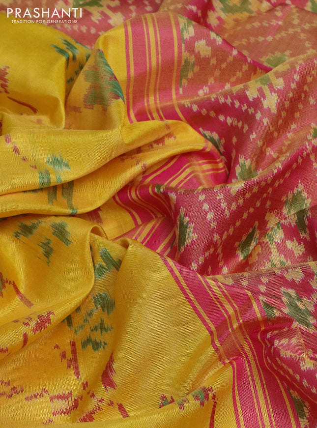 Rajkot patola silk saree yellow and dual shade of pink with allover ikat weaves and ganga jamuna border
