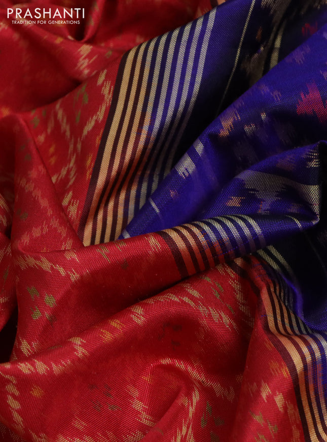 Rajkot patola silk saree red and blue with allover ikat weaves and ikat woven zari border