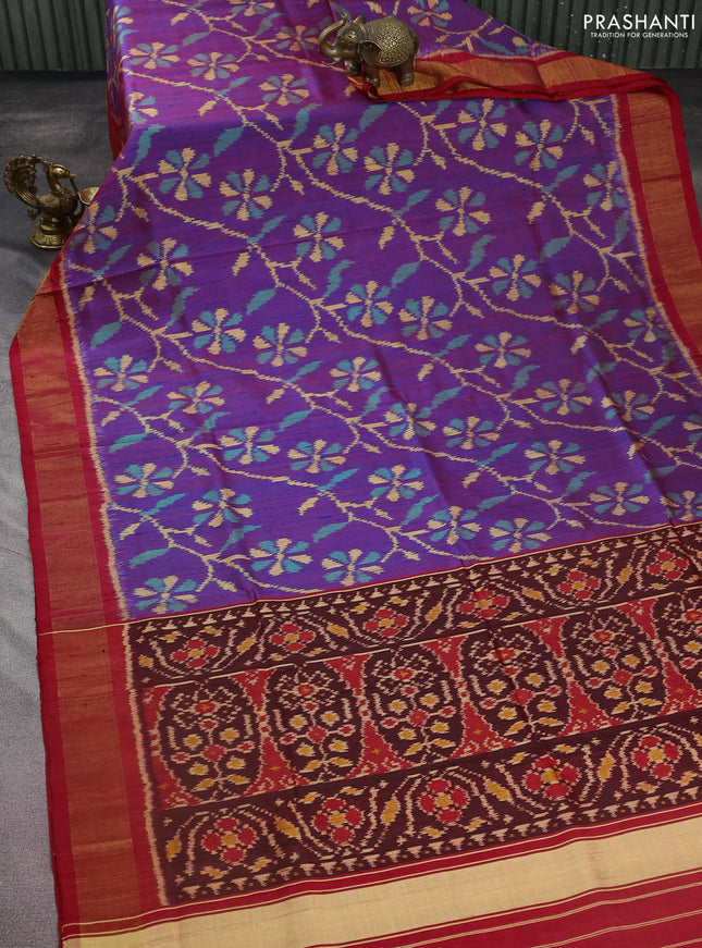 Rajkot patola silk saree dual shade of purple and red with allover ikat weaves & jute finish and zari woven border
