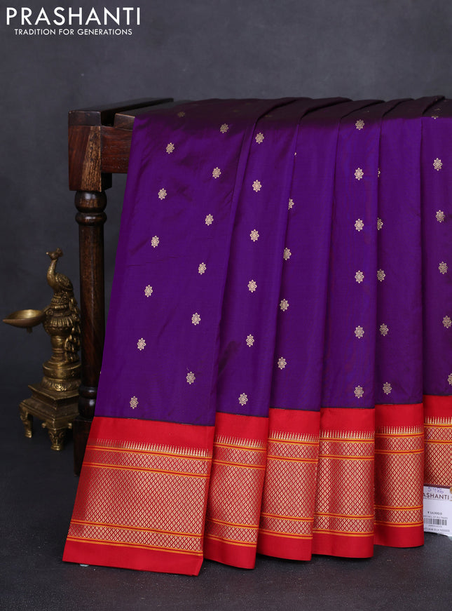 Pure paithani silk saree purple and red with allover zari woven buttas and paithani design weaving pallu