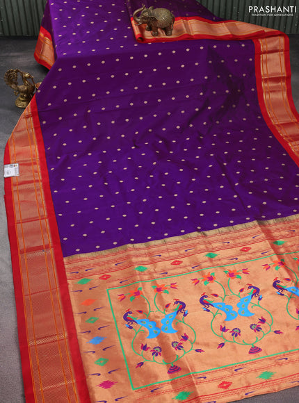 Pure paithani silk saree purple and red with allover zari woven buttas and paithani design weaving pallu
