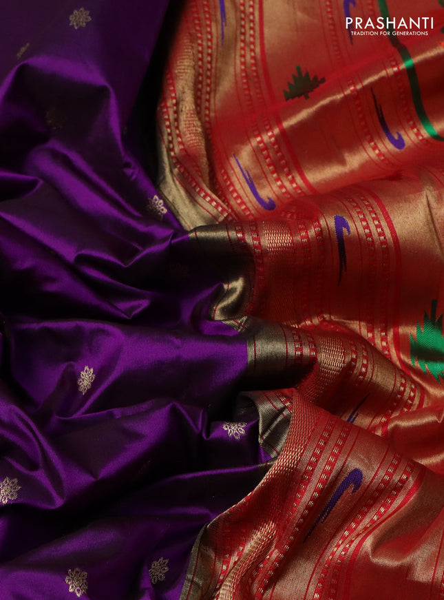 Pure paithani silk saree purple and red with allover zari woven buttas and paithani design weaving pallu