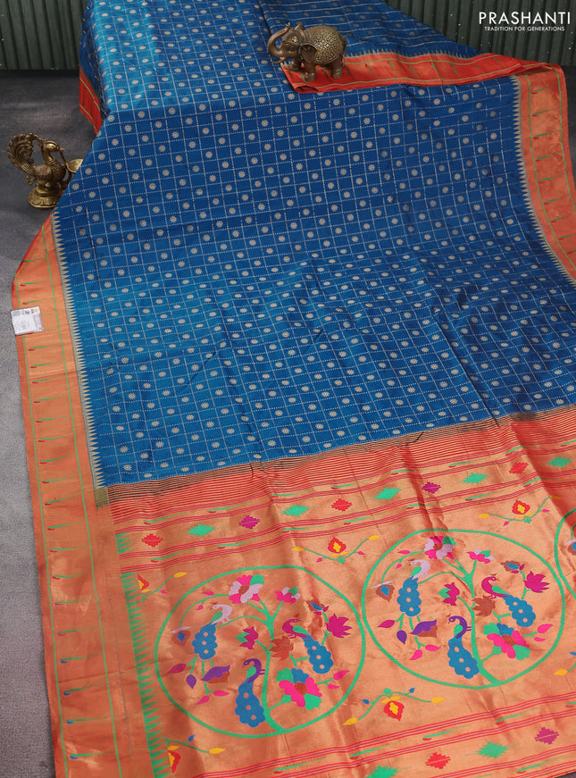Pure paithani silk saree peacock blue and red with allover zari checks & buttas and zari woven muniya butta border