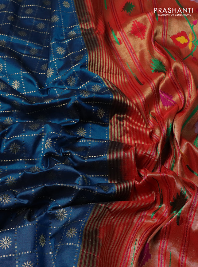 Pure paithani silk saree peacock blue and red with allover zari checks & buttas and zari woven muniya butta border