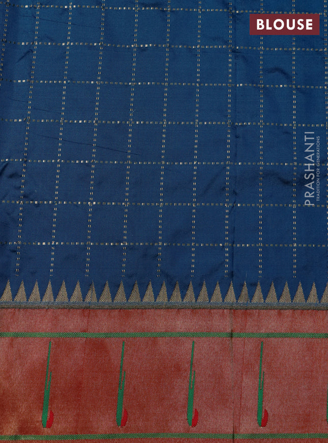 Pure paithani silk saree peacock blue and red with allover zari checks & buttas and zari woven muniya butta border