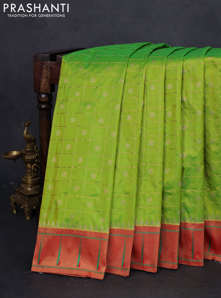 Pure paithani silk saree light green and red with allover zari checks & buttas and zari woven muniya butta border