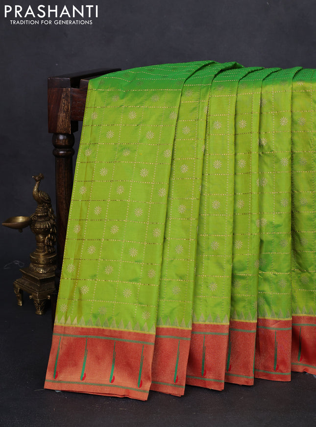Pure paithani silk saree light green and red with allover zari checks & buttas and zari woven muniya butta border