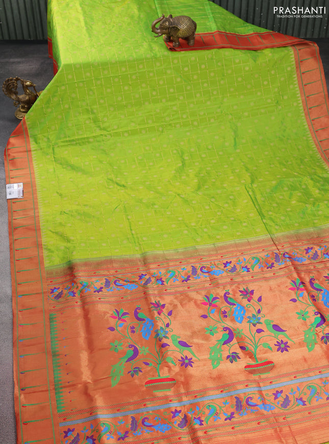 Pure paithani silk saree light green and red with allover zari checks & buttas and zari woven muniya butta border