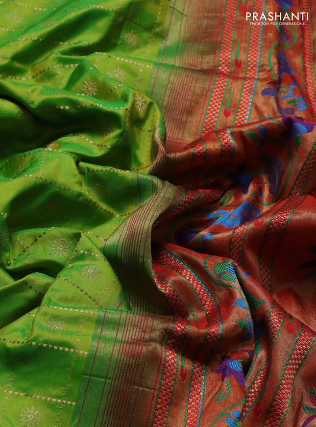 Pure paithani silk saree light green and red with allover zari checks & buttas and zari woven muniya butta border