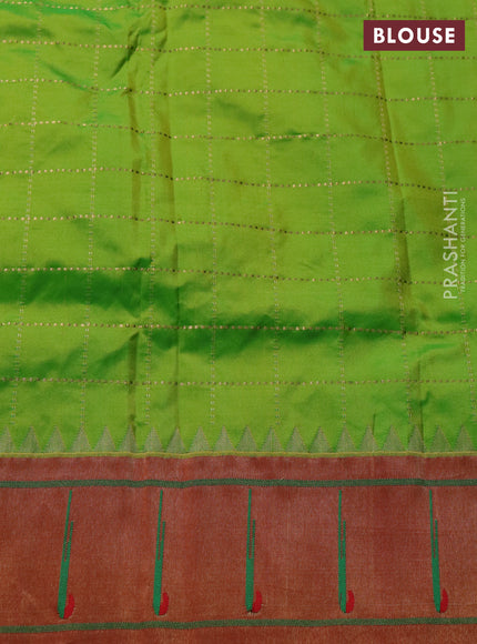 Pure paithani silk saree light green and red with allover zari checks & buttas and zari woven muniya butta border