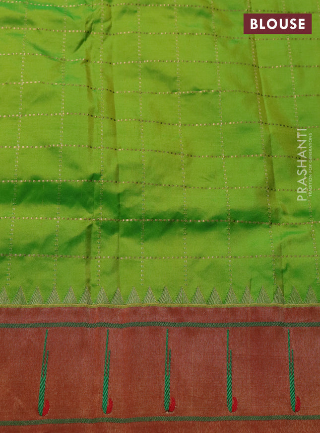 Pure paithani silk saree light green and red with allover zari checks & buttas and zari woven muniya butta border