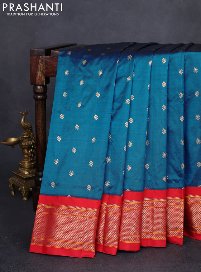 Pure paithani silk saree cs blue and red with allover floral zari woven buttas and paithani design weaving pallu