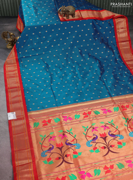 Pure paithani silk saree cs blue and red with allover floral zari woven buttas and paithani design weaving pallu