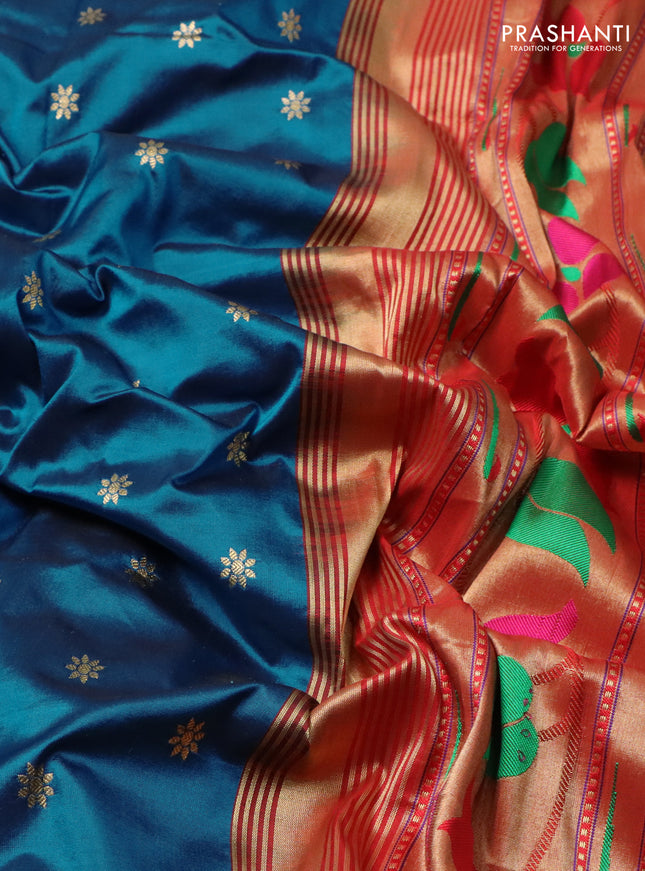 Pure paithani silk saree cs blue and red with allover floral zari woven buttas and paithani design weaving pallu