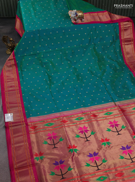 Pure paithani silk saree dual shade of teal bluish green and pink with allover floral zari woven buttas and paithani design weaving pallu