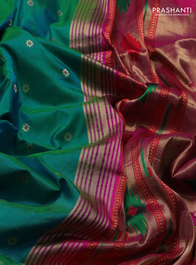 Pure paithani silk saree dual shade of teal bluish green and pink with allover floral zari woven buttas and paithani design weaving pallu