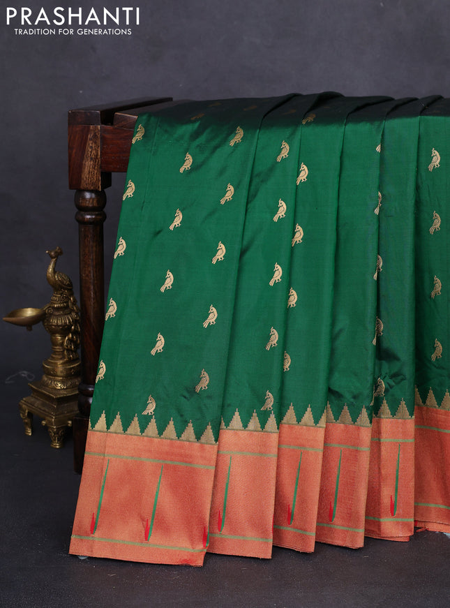 Pure paithani silk saree gree and red with allover peacock zari woven buttas and zari woven muniya butta border