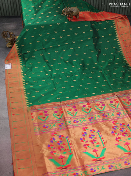 Pure paithani silk saree gree and red with allover peacock zari woven buttas and zari woven muniya butta border