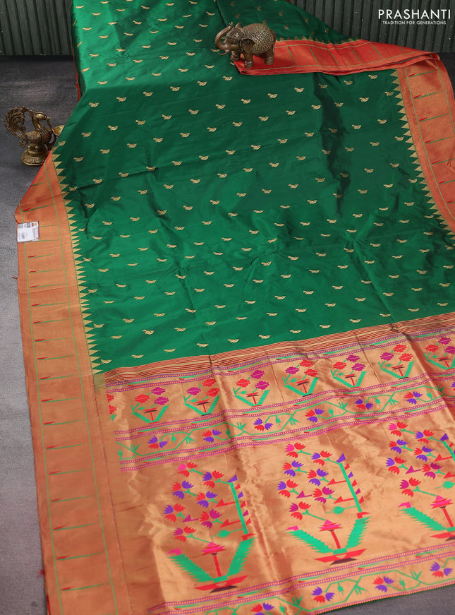 Pure paithani silk saree gree and red with allover peacock zari woven buttas and zari woven muniya butta border