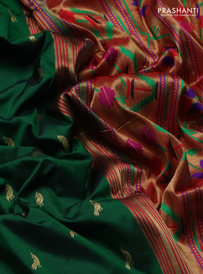 Pure paithani silk saree gree and red with allover peacock zari woven buttas and zari woven muniya butta border