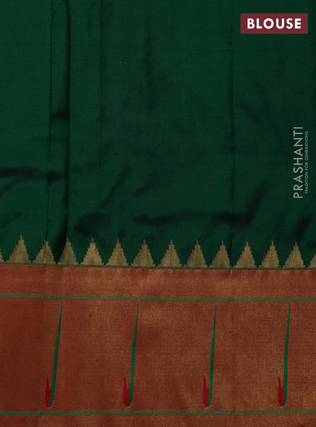 Pure paithani silk saree gree and red with allover peacock zari woven buttas and zari woven muniya butta border