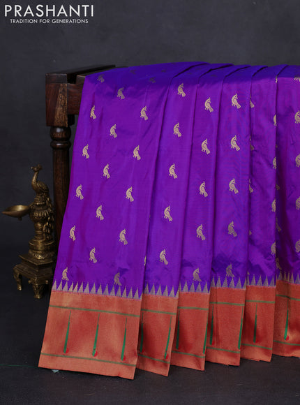 Pure paithani silk saree purple and red with allover peacock zari woven buttas and zari woven muniya butta border