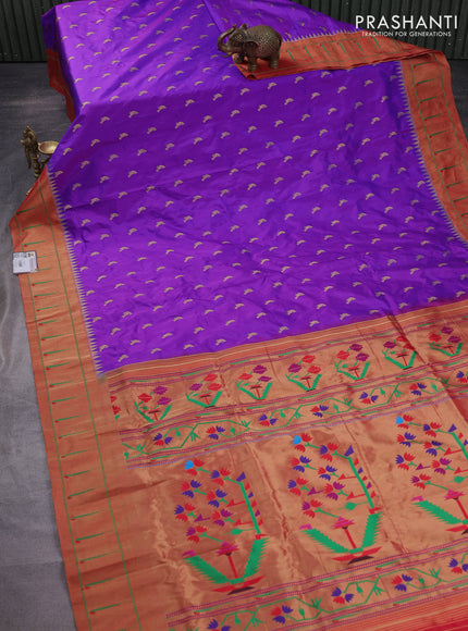 Pure paithani silk saree purple and red with allover peacock zari woven buttas and zari woven muniya butta border