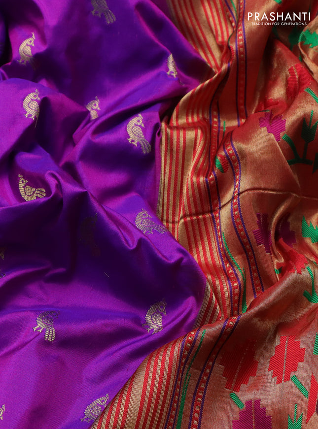Pure paithani silk saree purple and red with allover peacock zari woven buttas and zari woven muniya butta border