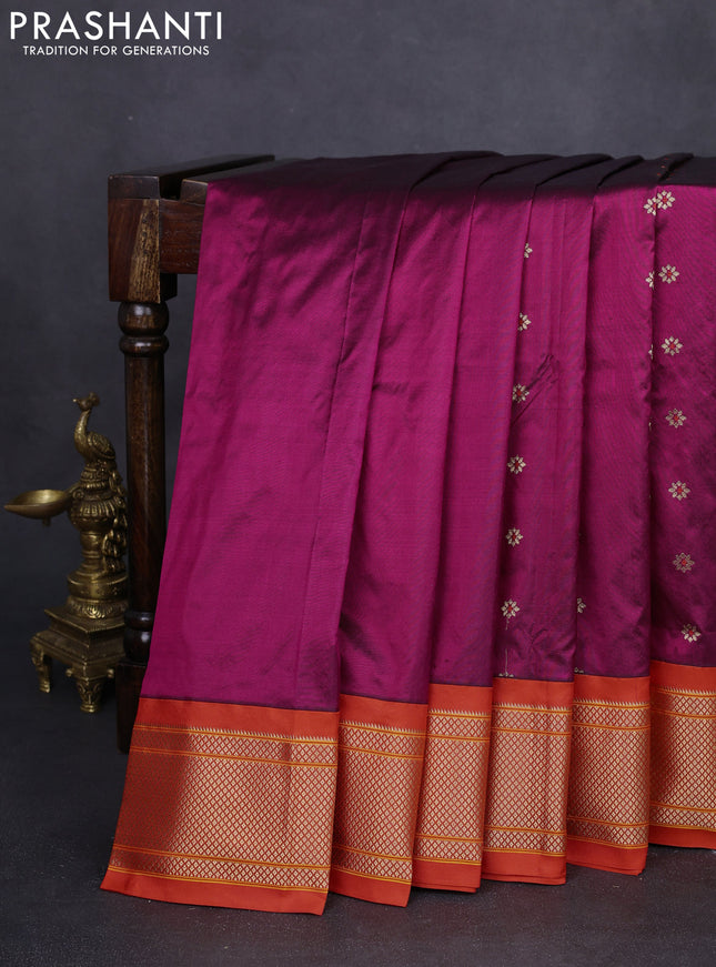Pure paithani silk saree dark magenta pink and orange with allover zari woven buttas and paithani design weaving pallu