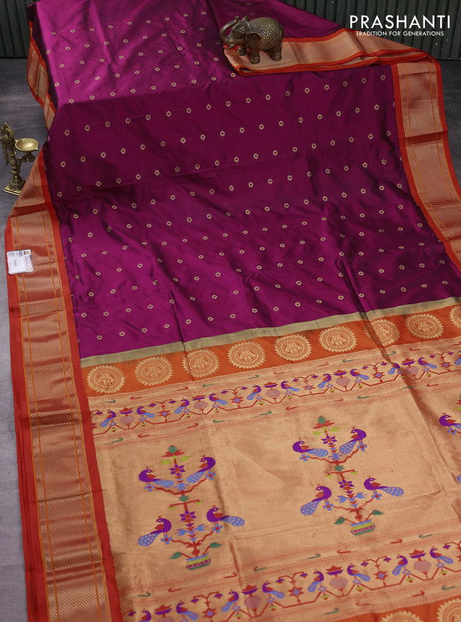 Pure paithani silk saree dark magenta pink and orange with allover zari woven buttas and paithani design weaving pallu
