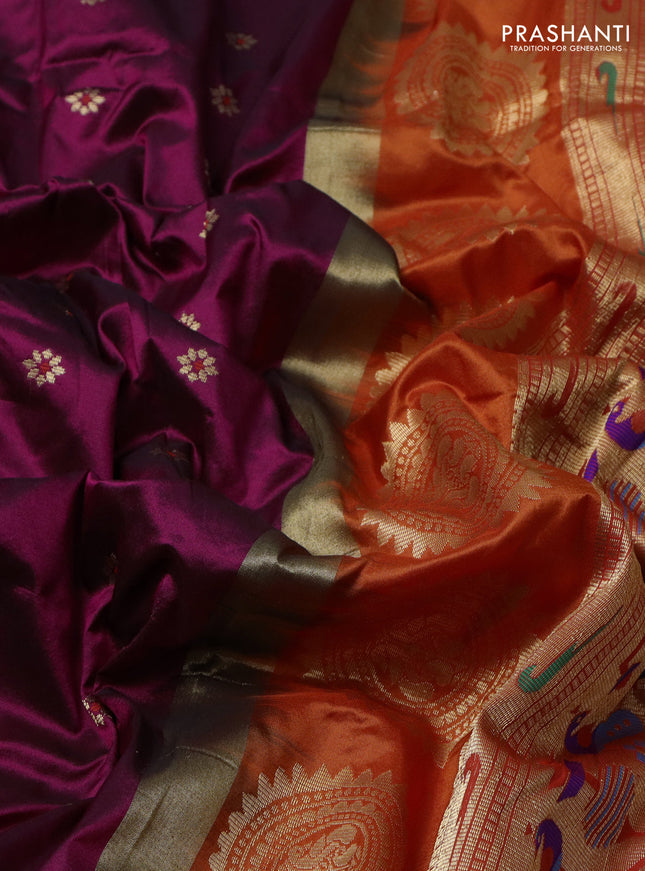 Pure paithani silk saree dark magenta pink and orange with allover zari woven buttas and paithani design weaving pallu
