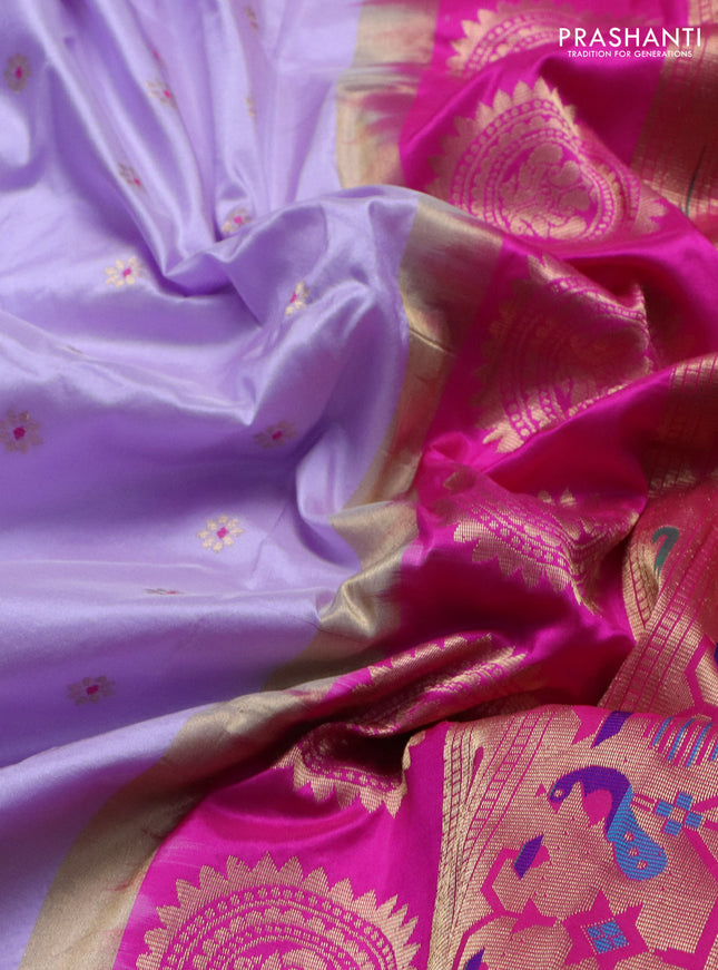 Pure paithani silk saree lavender and pink with allover floral zari woven buttas and paithani design weaving pallu