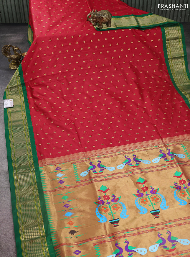Pure paithani silk saree red and green with allover zari woven buttas and paithani design weaving pallu