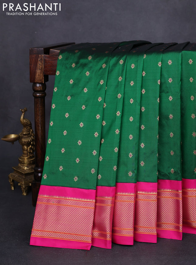 Pure paithani silk saree green and pink with allover zari woven buttas and paithani design weaving pallu