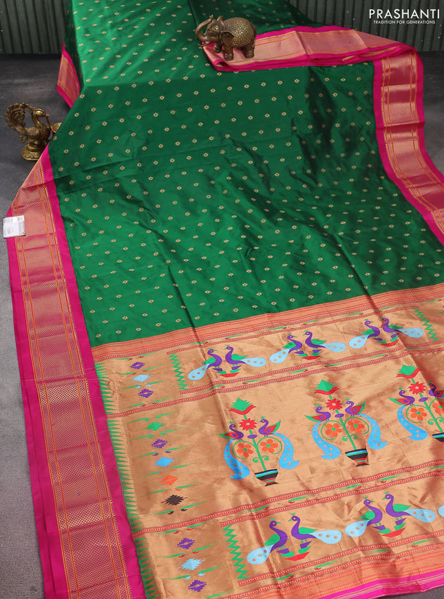 Pure paithani silk saree green and pink with allover zari woven buttas and paithani design weaving pallu