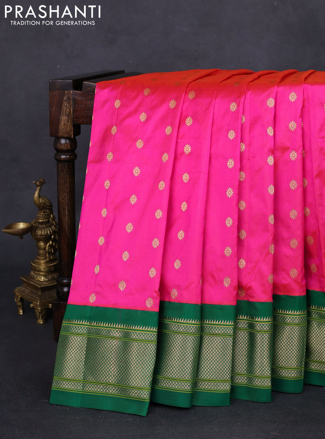 Pure paithani silk saree candy pink and green with allover floral zari woven buttas and paithani design weaving pallu