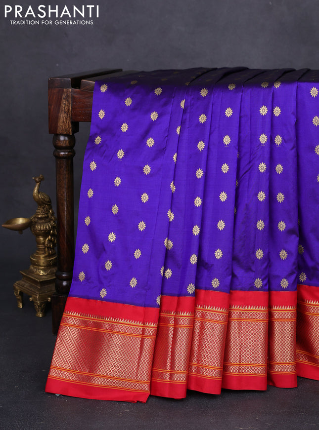 Pure paithani silk saree blue and red with allover zari woven buttas and paithani design weaving pallu