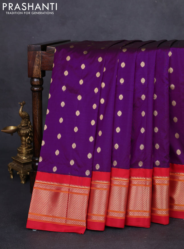 Pure paithani silk saree purple and red with allover zari woven buttas and paithani design weaving pallu