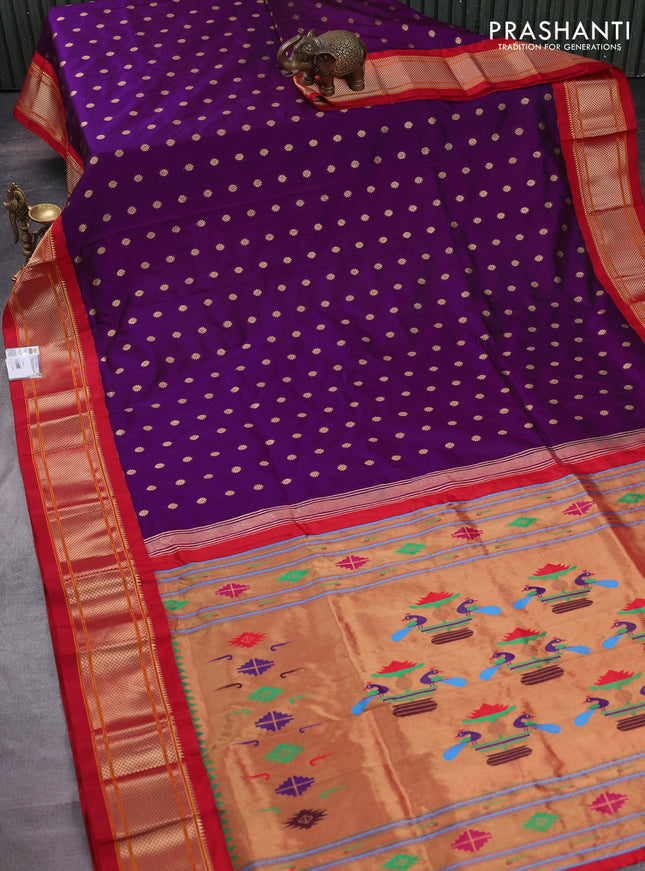 Pure paithani silk saree purple and red with allover zari woven buttas and paithani design weaving pallu