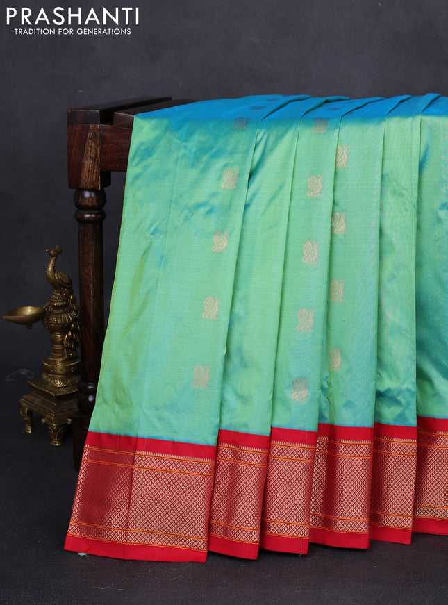 Pure paithani silk saree dual shade of teal and red with allover annam zari woven buttas and paithani design weaving pallu