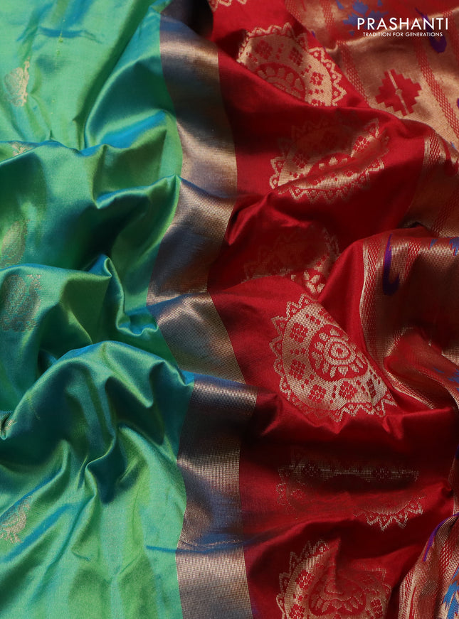 Pure paithani silk saree dual shade of teal and red with allover annam zari woven buttas and paithani design weaving pallu